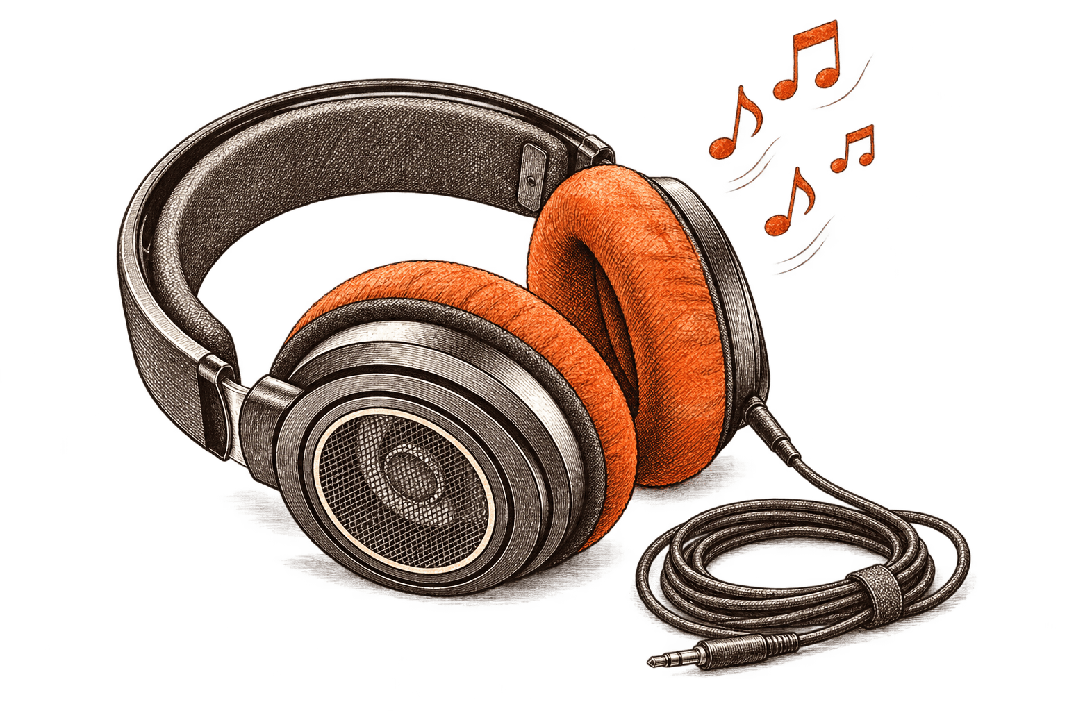 Ink sketch of open-back over-ear headphones with orange cushions, a coiled cable and floating musical notes